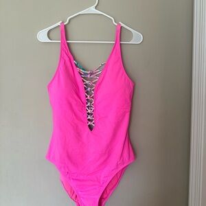 Lilly Pulitzer it was all a dream hot pink lattice swimsuit
